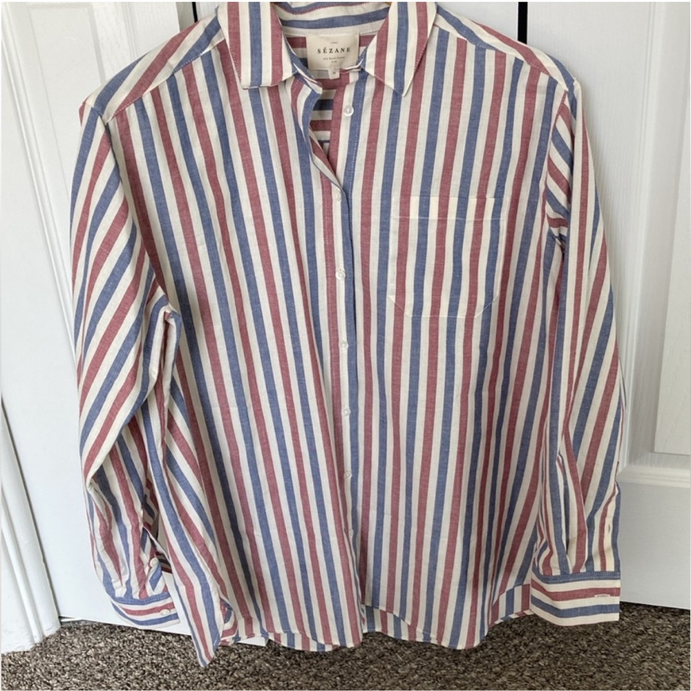 Sezane Size 34 Max Shirt Blue Ecru Burgundy Stripe